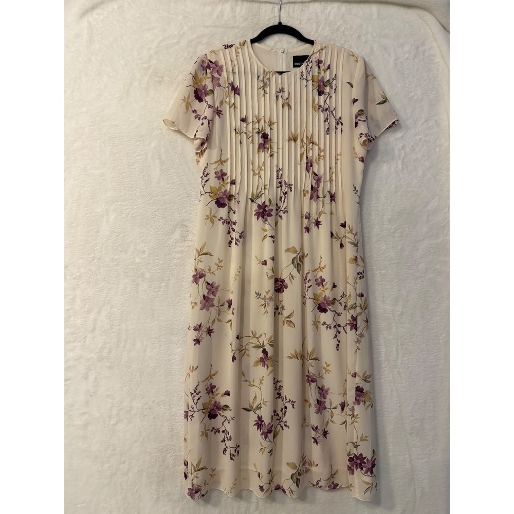 Positive Attitude Floral Midi Dress Womens 14P Petite Pleated Chiffon Purple Tan